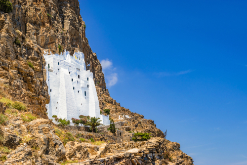 Amorgos,Whitewashed,Monastery,On,The,Cliff,Side,,Greece.