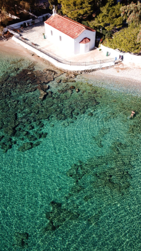 Aerial,Drone,Bird's,Eye,View,Photo,Of,Traditonal,Chapel,Hydra