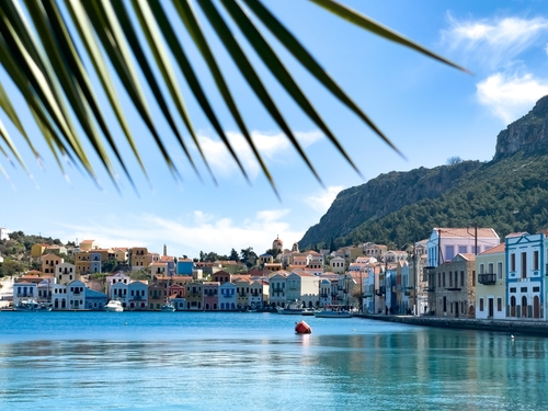 Colorful,Waterfront,Houses,And,Dome,Church,In,Kastellorizo,,Greece,,Springtime,