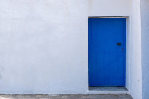 Blue,Color,Painted,Wooden,Door,On,A,White,Wall,,Greek