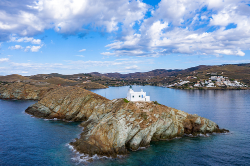 Greece,,Kea,Tzia,Island.,Aerial,Drone,View,Of,Lighthouse,And