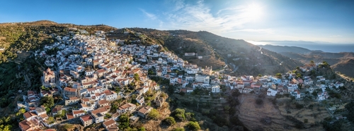 Panoramic,Aerial,Sunset,View,Of,The,Main,Town,Ioulis,