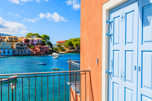Blue,Door,Of,A,Greek,House,In,Assos,Bay,,Kefalonia