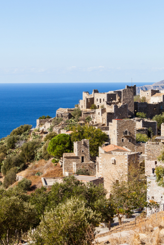 Greece,Vatheia,Village.,Architectural,And,Historical,Old,Traditional,Abandoned,Tower