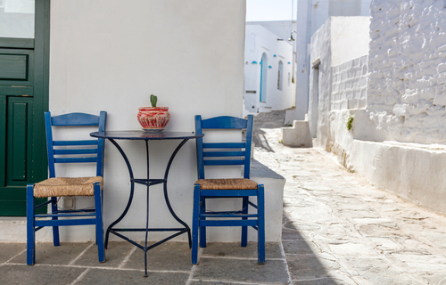 Greek,Island,Outdoor,Cafe,Bar.,Typical,Street,Cafeteria,Table,And