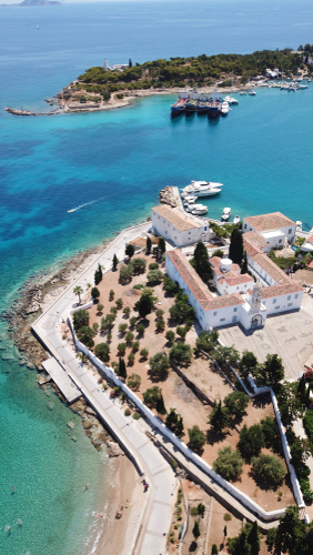 Aerial,Drone,Bird's,Eye,View,Photo,Of,Picturesque,Church, Spetses