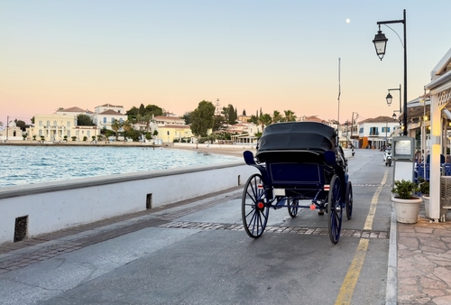 Spetses,Island,,Greece.,Horse,Carriage,Rear,View,And,Promenade, Spetses