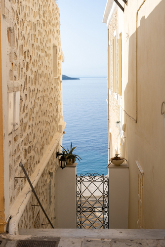 The,Way,To,Aegean,Sea.,Walking,Between,Traditional,Houses,Stonewalls