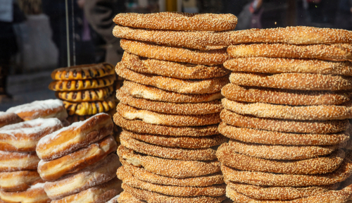 Greek,Koulouri,Stack.,Traditional,Street,Food,,Crispy,Sesame,Bread,Ring