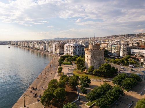 Aerial,View,Of,The,White,Tower,In,Thessaloniki,,Greece,,Surrounded