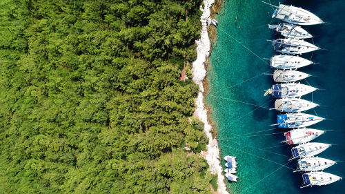 Aerial,Drone,Photo,Of,Sail,Boats,Docked,In,Famous,Island